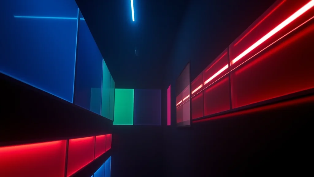 Rows of differently toned light tiles, neon on dark