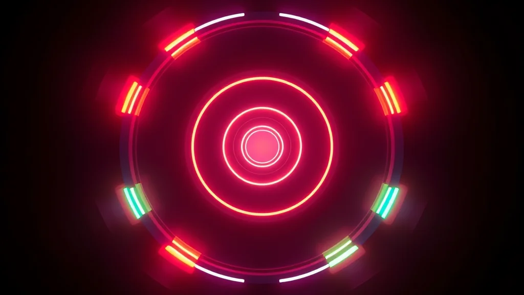 One core and its circle of varied glows, neon on dark