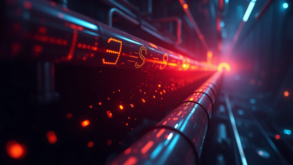 Abstract glowing token flow restoring into a pipeline, on dark