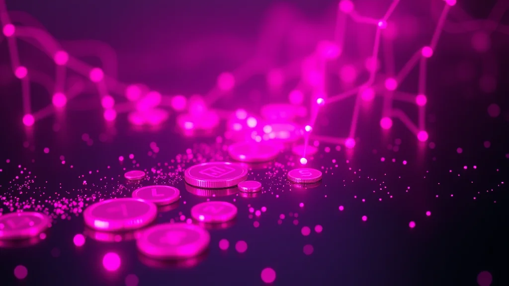 Magenta light coins returning to a steady stream, neon nodes on dark