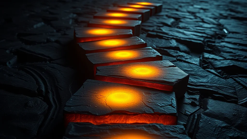 Abstract glowing stepping stones from rough to clean on dark, editorial concept