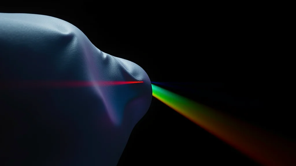 Abstract dull form passing through a prism into vivid color on dark, editorial concept