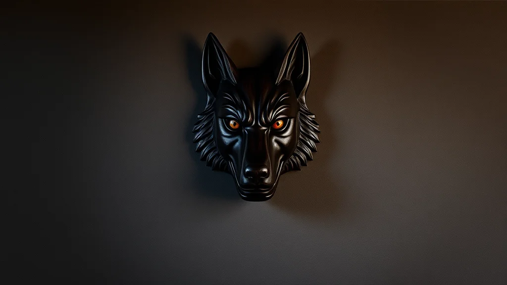 Máscara de lobo tallada en madera oscura sobre una pared de piedra