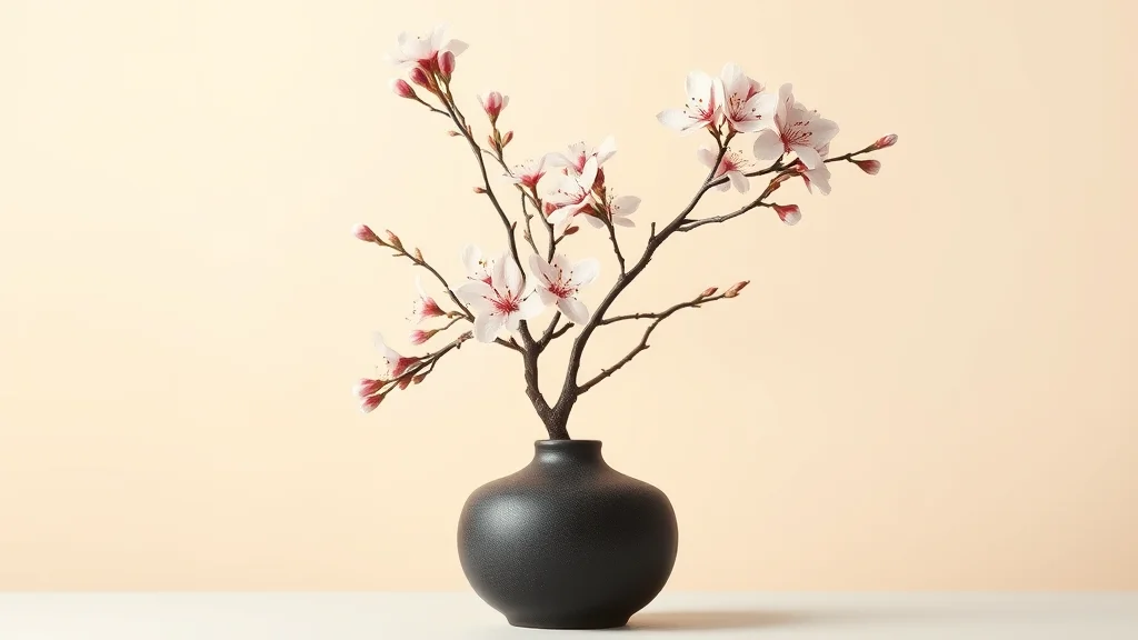 Rama de cerezo en flor en un jarrón de cerámica oscura sobre fondo pastel