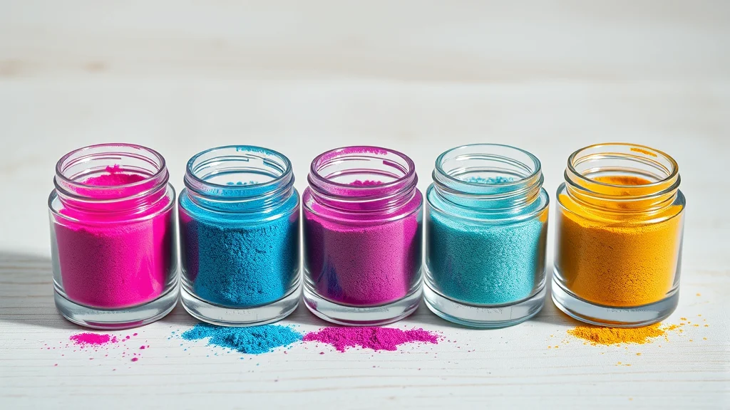 Tarros de cristal con pigmentos rosa, azul, violeta y dorado: el vocabulario de etiquetas