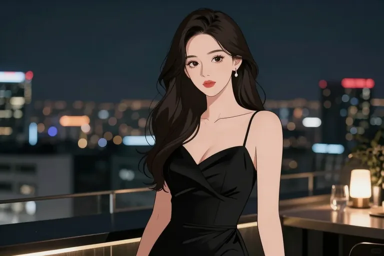 Anime illustration of an adult woman in a black evening dress at a rooftop bar, made with our generator