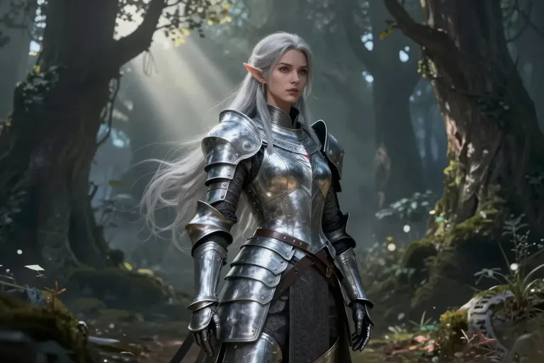 Fantasy art of an adult elf warrior in silver armor in a misty forest, made with our generator